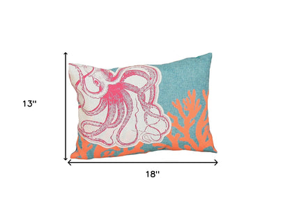 13" X 18" Red Orange Octopus Coastal Polyester Pillow With Applique