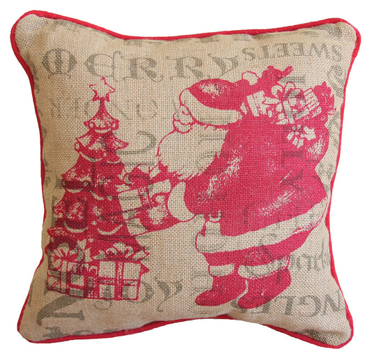 14" X 14" Beige and Red Christmas Santa Jute Pillow