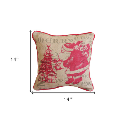 14" X 14" Beige and Red Christmas Santa Jute Pillow