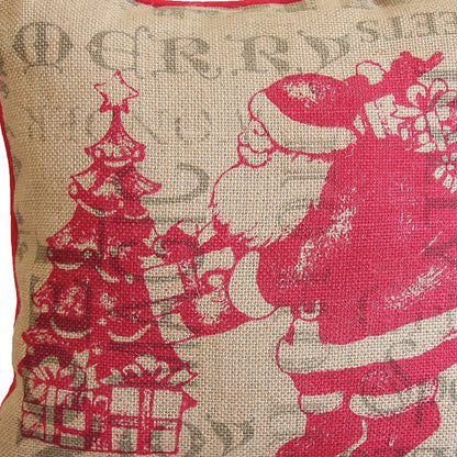 14" X 14" Beige and Red Christmas Santa Jute Pillow