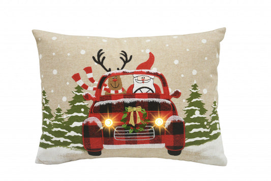 13" X 18" Beige and Red Christmas Holiday Van Polyester Pillow With Applique