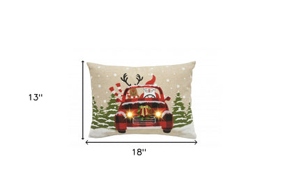 13" X 18" Beige and Red Christmas Holiday Van Polyester Pillow With Applique