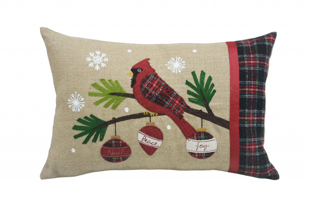 14" X 20" Beige and Red Bird Christmas Jute Pillow With Applique