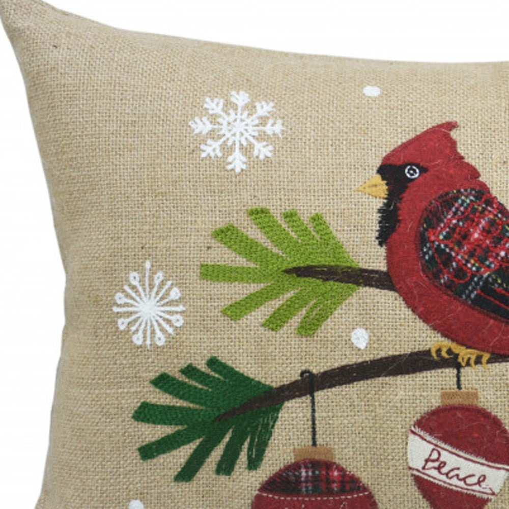 14" X 20" Beige and Red Bird Christmas Jute Pillow With Applique