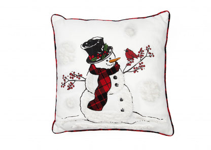 18" X 18" White and Red Christmas Snowman Polyester Zippered Pillow With Embroidery