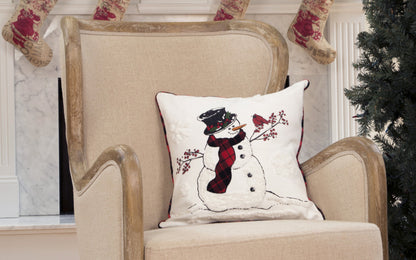 18" X 18" White and Red Christmas Snowman Polyester Zippered Pillow With Embroidery