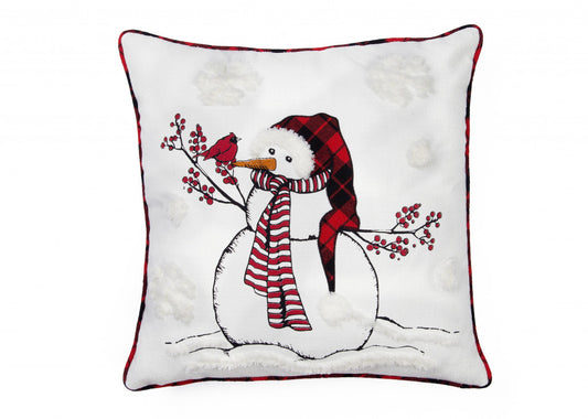 18" X 18" White and Red Christmas Snowman Polyester Zippered Pillow With Embroidery