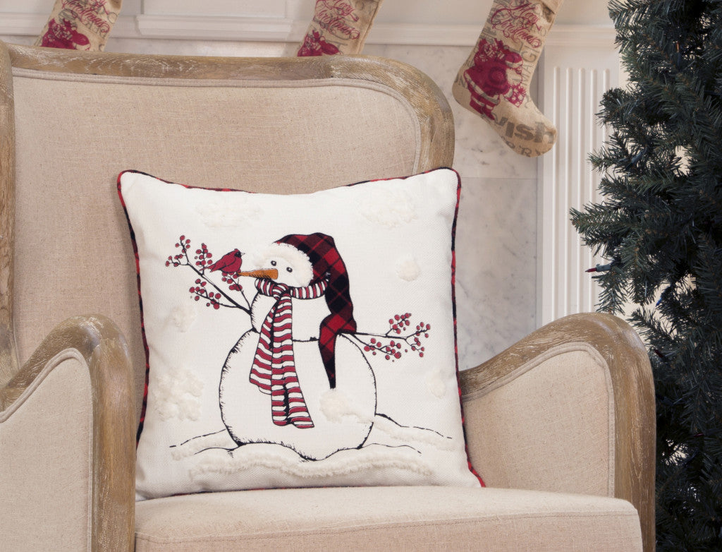 18" X 18" White and Red Christmas Snowman Polyester Zippered Pillow With Embroidery