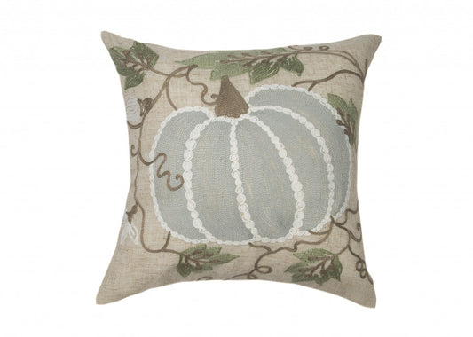 14" X 14" Beige and Gray Thanksgiving Pumpkin Linen Blend Zippered Pillow With Embroidery