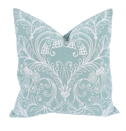 20" X 20" Green and White Damask Polyester Zippered Pillow With Embroidery