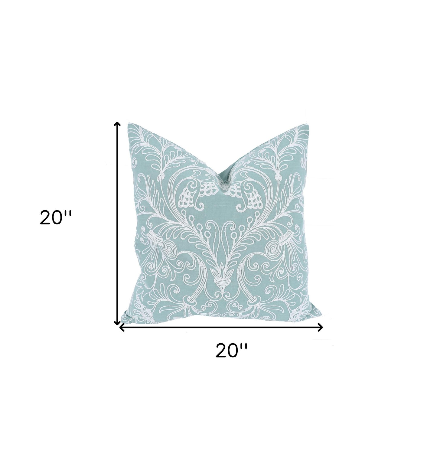 20" X 20" Green and White Damask Polyester Zippered Pillow With Embroidery