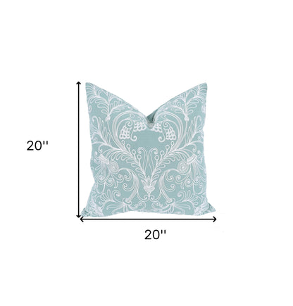 20" X 20" Green and White Damask Polyester Zippered Pillow With Embroidery