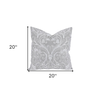 20" X 20" Gray and White Damask Polyester Zippered Pillow With Embroidery