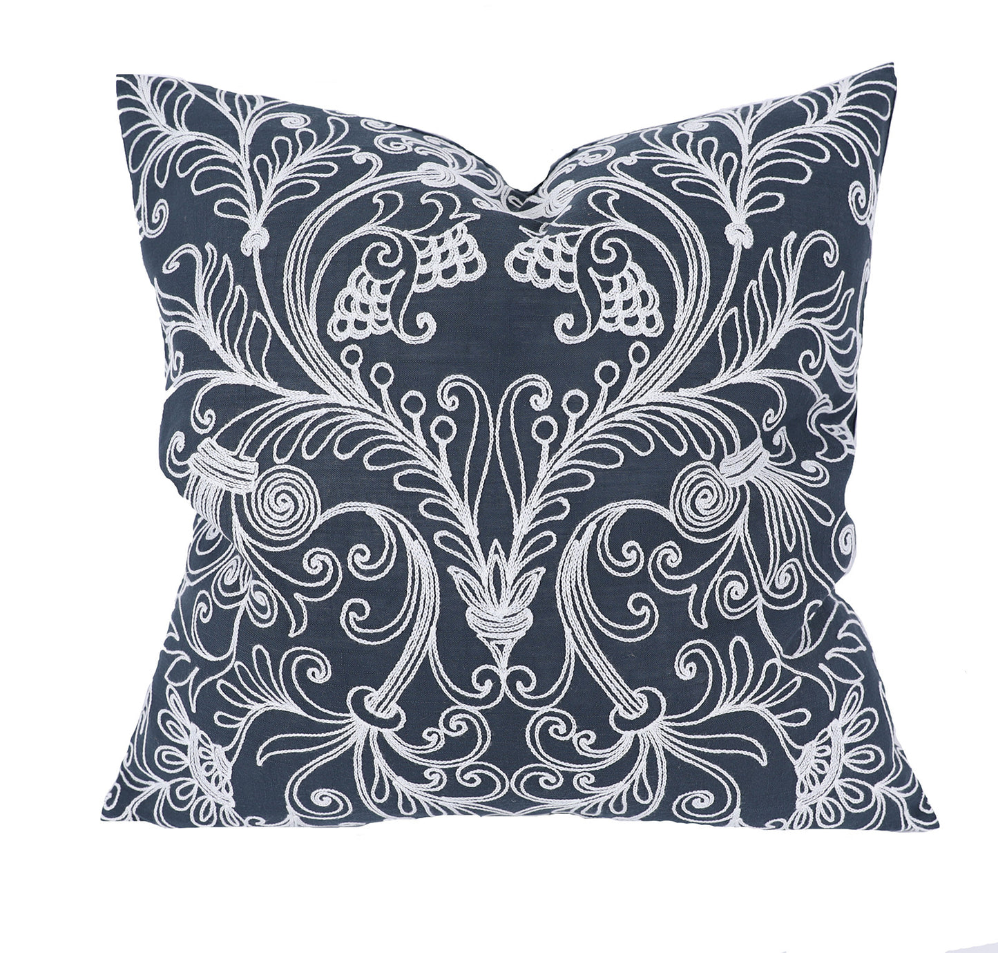 20" X 20" Blue and White Damask Polyester Zippered Pillow With Embroidery