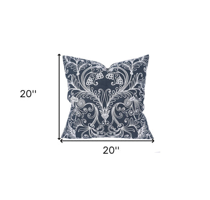 20" X 20" Blue and White Damask Polyester Zippered Pillow With Embroidery