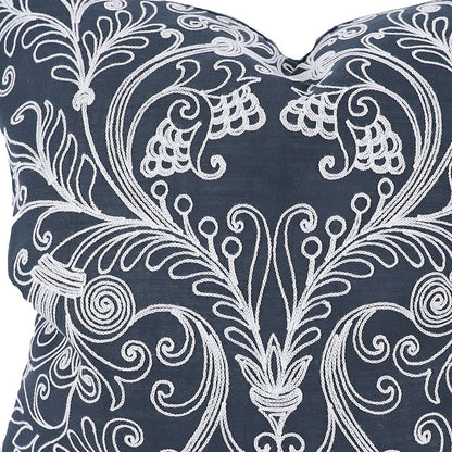 20" X 20" Blue and White Damask Polyester Zippered Pillow With Embroidery