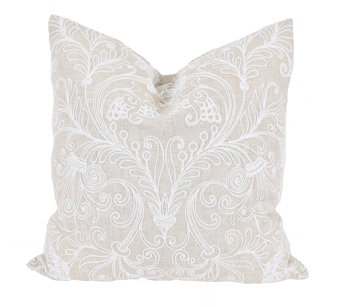 20" X 20" Beige and White Damask Polyester Zippered Pillow With Embroidery