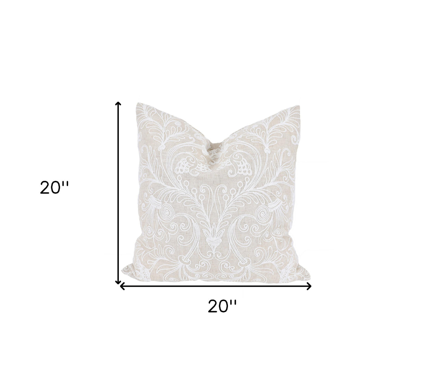 20" X 20" Beige and White Damask Polyester Zippered Pillow With Embroidery