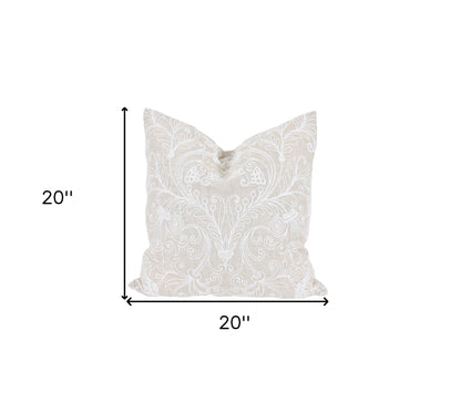 20" X 20" Beige and White Damask Polyester Zippered Pillow With Embroidery