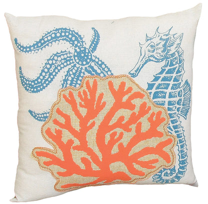 18" X 18" Blue and Orange Seahorse Coastal Polyester Pillow With Applique