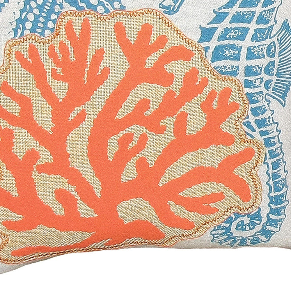 18" X 18" Blue and Orange Seahorse Coastal Polyester Pillow With Applique