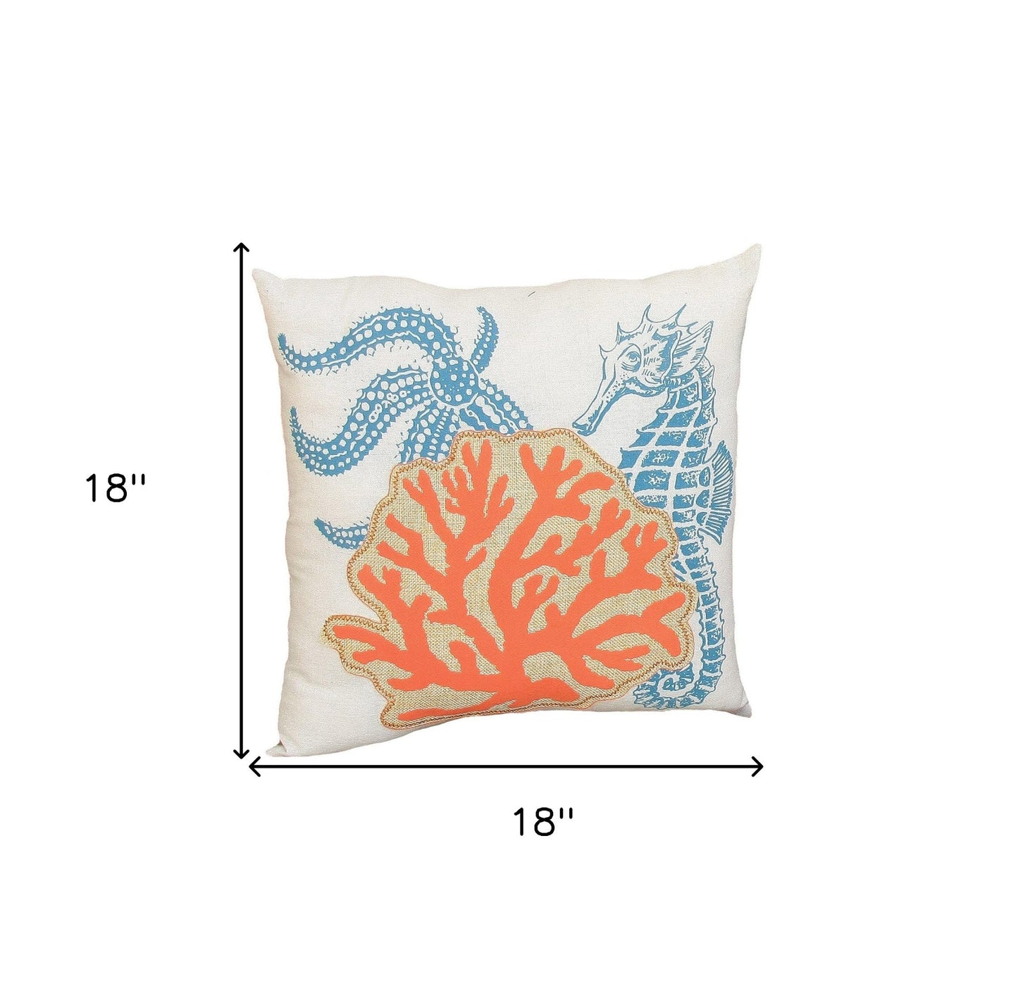 18" X 18" Blue and Orange Seahorse Coastal Polyester Pillow With Applique