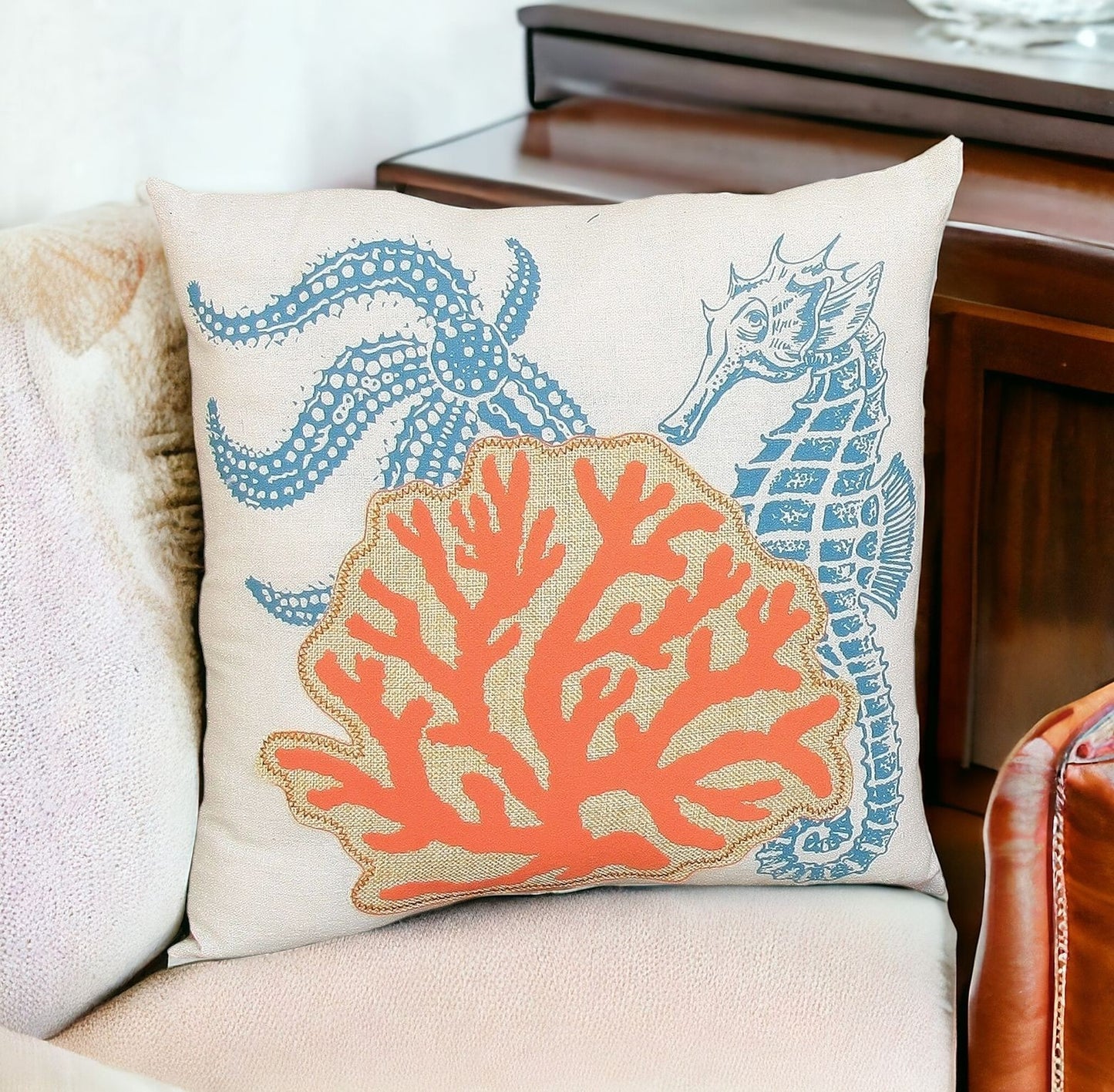 18" X 18" Blue and Orange Seahorse Coastal Polyester Pillow With Applique