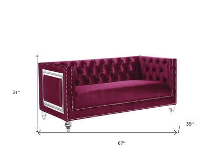 67" Burgundy And Silver Velvet Loveseat and Toss Pillows