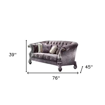 76" Purple And Platinum Velvet Loveseat and Toss Pillows