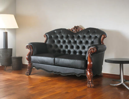 71" Black And Brown Faux Leather Loveseat and Toss Pillows