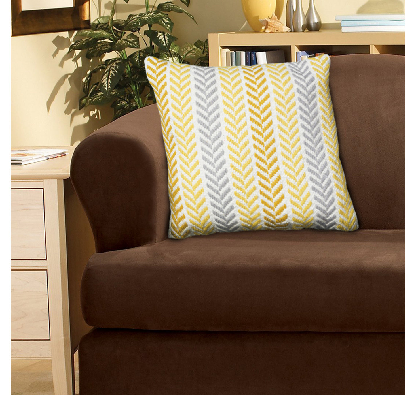 18" X 18" Yellow and White Chevron Cotton Zippered Pillow