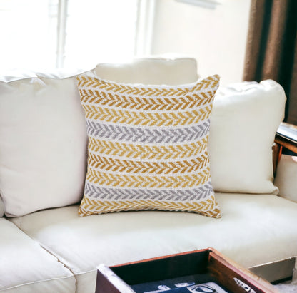 18" X 18" Yellow and White Chevron Cotton Zippered Pillow