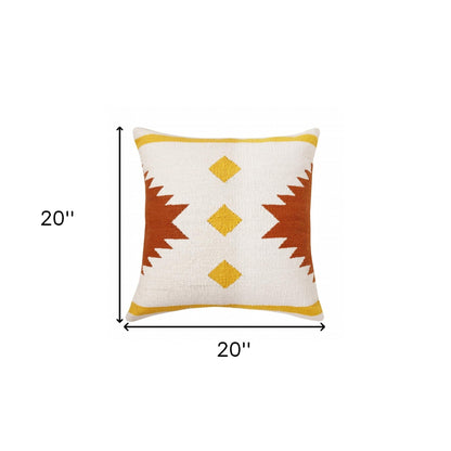 20" X 20" White Yellow And Red Orange 100% Cotton Geometric Zippered Pillow