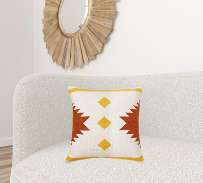 20" X 20" White Yellow And Red Orange 100% Cotton Geometric Zippered Pillow