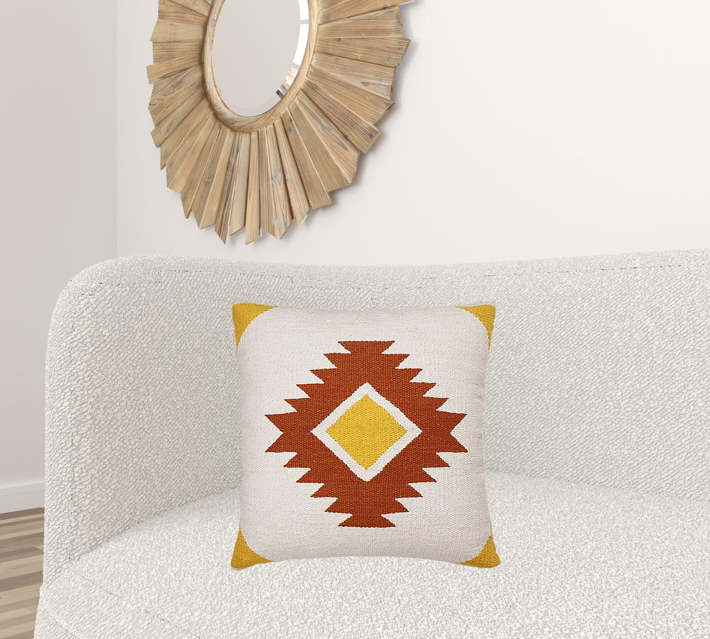 20" X 20" White Yellow And Red Orange 100% Cotton Geometric Zippered Pillow