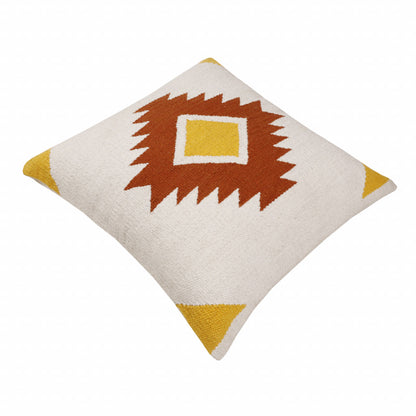 20" X 20" White Yellow And Red Orange 100% Cotton Geometric Zippered Pillow