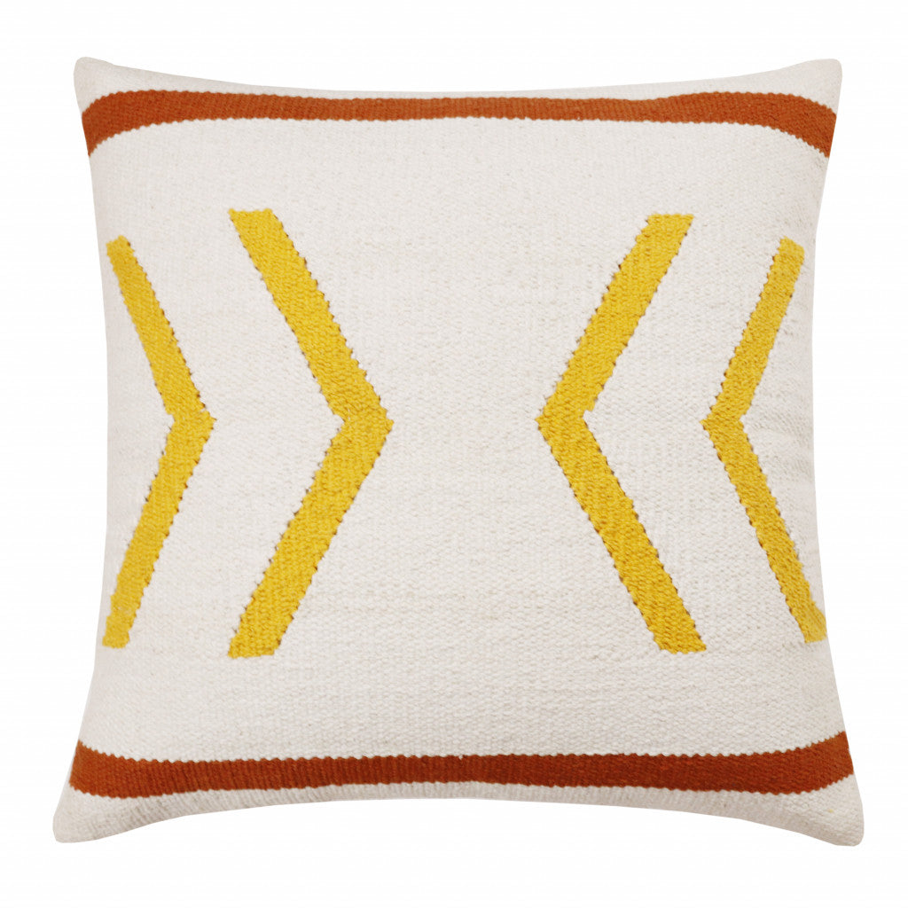 20" X 20" White Yellow And Red Orange 100% Cotton Chevron Zippered Pillow