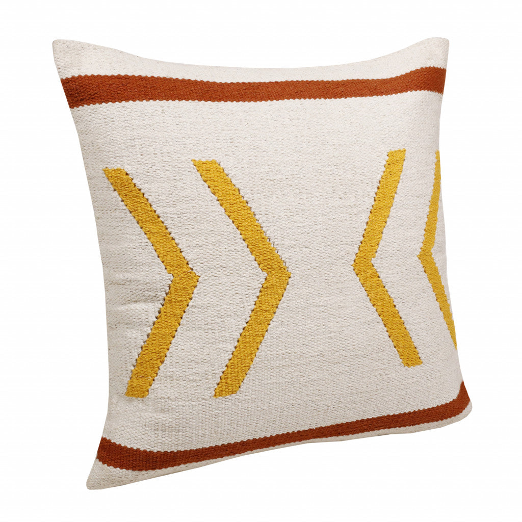 20" X 20" White Yellow And Red Orange 100% Cotton Chevron Zippered Pillow