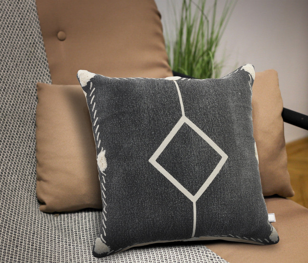 20" X 20" White And Black 100% Cotton Geometric Zippered Pillow