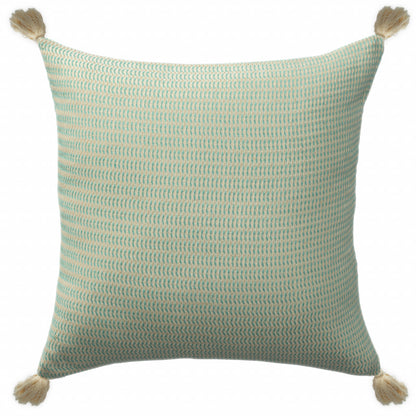 18" X 18" Light Turquoise And Ivory 100% Cotton Striped Zippered Pillow