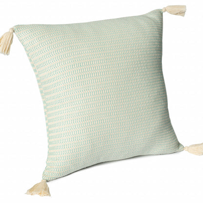 18" X 18" Light Turquoise And Ivory 100% Cotton Striped Zippered Pillow