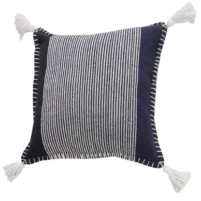 20" X 20" Black Navy And White 100% Cotton Striped Zippered Pillow