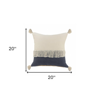 20" X 20" Denim Blue And Off-White 100% Cotton Zippered Pillow