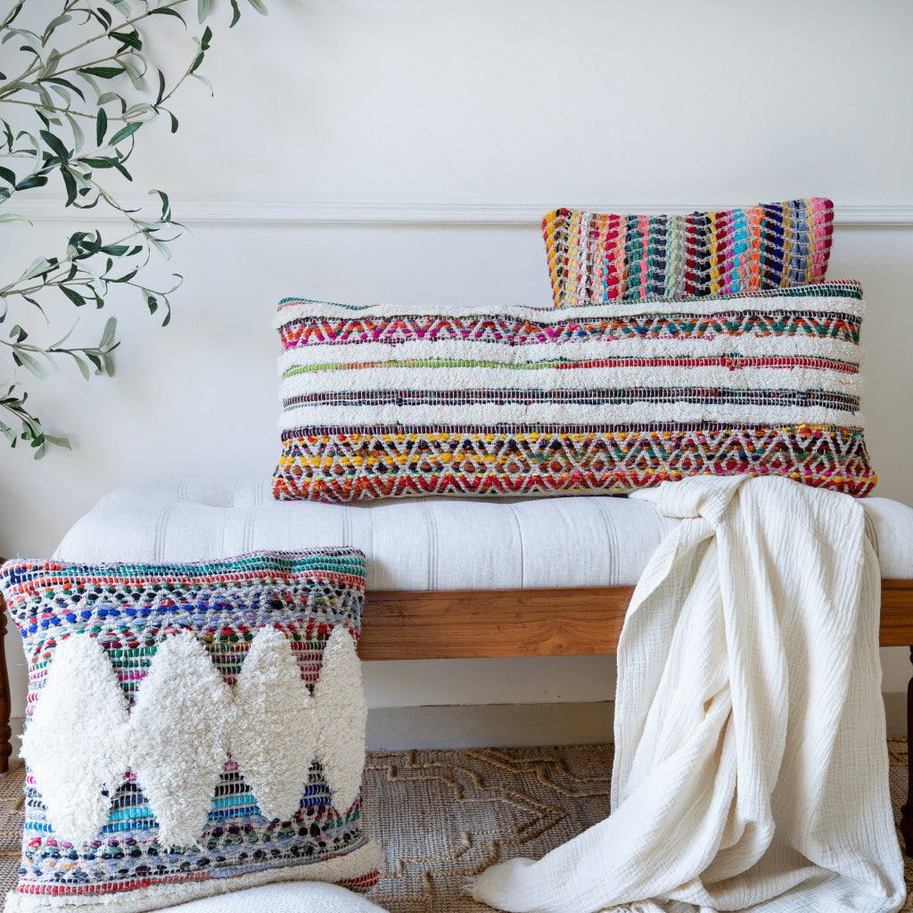 18" X 18" Blue and Red Chevron Cotton Blend Zippered Pillow