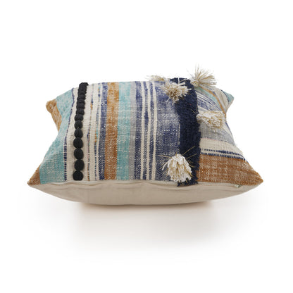 18" X 18" Blue and Beige Patchwork Cotton Zippered Pillow With Tassels