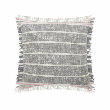 20" X 20" Gray White And Pink 100% Cotton Striped Zippered Pillow