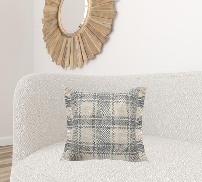 20" X 20" White And Gray-Blue Polyester Plaid Zippered Pillow