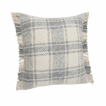 20" X 20" White And Gray-Blue Polyester Plaid Zippered Pillow