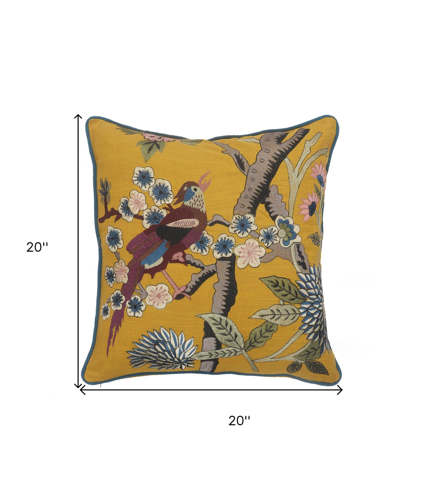 20" X 20" Blue and Yellow Bird Floral Cotton Zippered Pillow With Embroidery