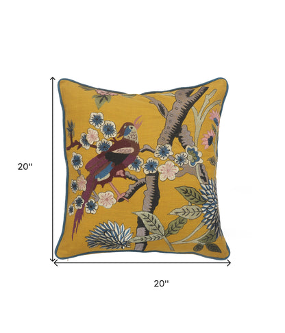 20" X 20" Blue and Yellow Bird Floral Cotton Zippered Pillow With Embroidery